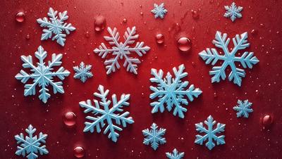 The primary subject of the image is a close-up of a red surface with a pattern of blue snowflakes. The setting is a red background, and the visual style appears to be a digital art or illustration. The dominant colors are red and blue, creating a warm and cold contrast. The overall atmosphere is festive and visually appealing.